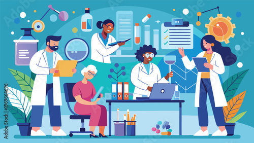 Group of scientists working in a laboratory conducting experiments and analyzing data together in a professional setting