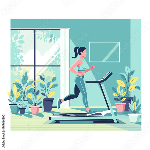 Woman running on treadmill at home gym surrounded by plants, healthy lifestyle