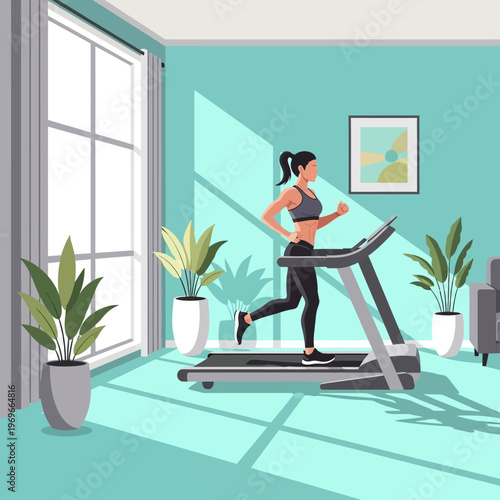 Woman running on treadmill at home gym, healthy lifestyle, fitness workout