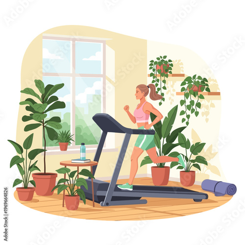 Woman running on treadmill at home surrounded by plants, healthy lifestyle concept