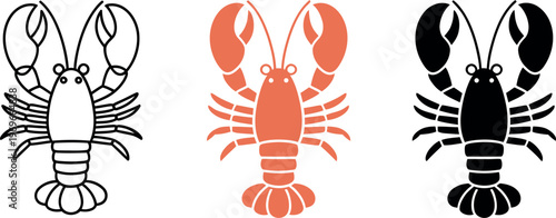 lobster art monochrome and red designs in a trio, vector illustration set, modern seafood or marine life graphic for decoration and branding