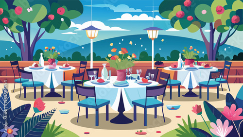 Outdoor dining area with tables set and flowers in vases during a sunny day in a garden setting