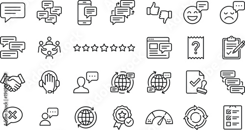 Customer Support and Communication Line Icon Set Featuring Feedback, Rating, Help Desk, Chat, Survey, and User Interaction Symbols for Business and Service Platforms