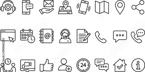 Customer Support, Communication, and Service Icons Set Featuring Call, Chat, Email, Feedback, and Online Assistance for Web, App, and Contact Designs