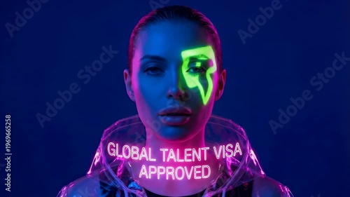 Young professional woman in a futuristic translucent jacket, standing in front of a dark blue background with glowing neon text “Global talent visa approved” on the chest