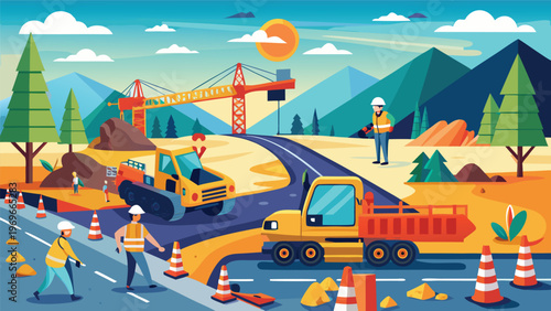 Construction activities take place in a vibrant landscape featuring vehicles, workers, and equipment during the day