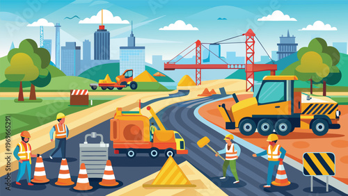 Construction workers are busy on a city road site during a sunny day with heavy machinery and equipment in view