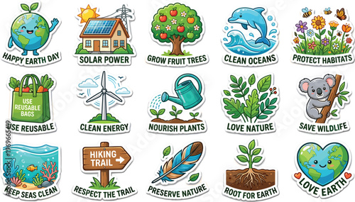 Happy Earth Day stickers featuring various environmental concepts like solar power, clean oceans, and protecting habitats
