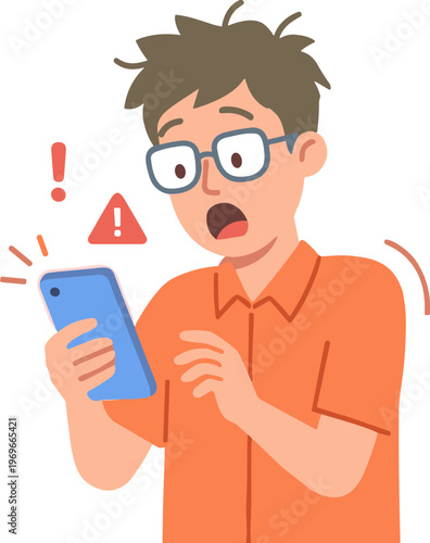 A shocked man reacts to his phone with glasses on his face.