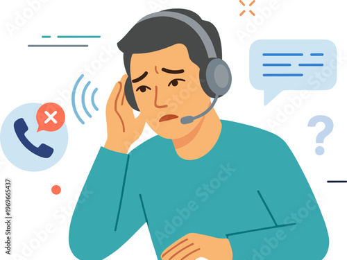 Frustrated man wearing headset having trouble with customer service call