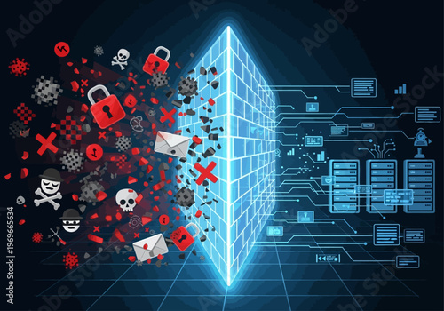 Cyber security threats explode outward from a glowing blue cube in a dark digital environment with symbols and icons.