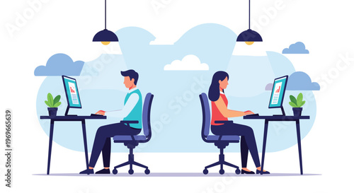 Male and female freelancers working on desktop computers at separate desks in a modern office environment with hanging lamps.