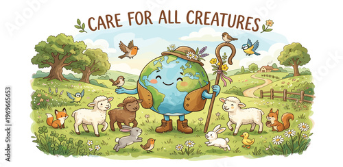 Delightful illustration portraying a benevolent Earth character nurturing diverse wildlife in a vibrant landscape, symbolizing global stewardship and the crucial need to care for all creatures