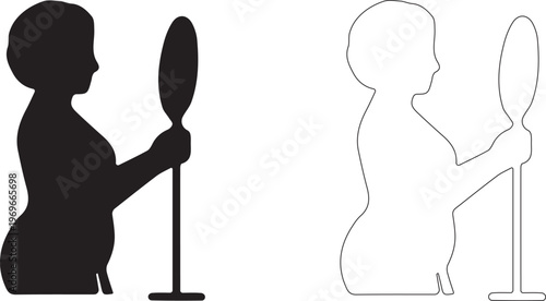 Plump woman with a mirror in profile. Vector silhouette.