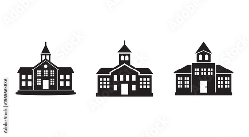School building silhouettes in various architectural styles with towers and windows  educational architecture icons