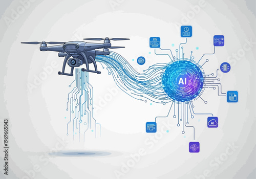 A futuristic drone transmits data to a glowing AI sphere with circuit lines and icons in a technological environment.