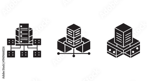 Server and database network infrastructure icons set with computer and data storage symbols for network connection and data exchange  vector graphics