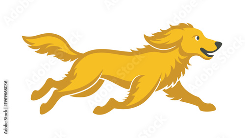 A cartoon dog runs happily in a simple style with a bright yellow color against a plain background