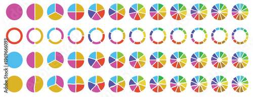 Pie chart set, Circle icons for infographic. Colorful diagram collection with 1,2,3,4,5,6,7,8,9,10,11,12 sections and steps.  Different color circles. donut and pie chart infographic elements set .
