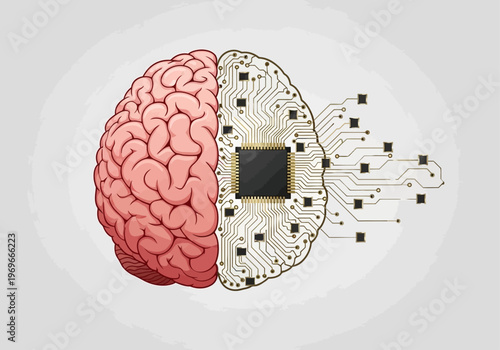 Brain with circuit board integration showing technology and human mind fusion