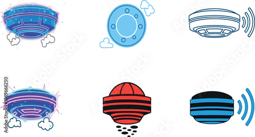Flat Vector Collection of Futuristic UFO and Flying Saucer Designs in Various Colors and Styles with Glowing Effects and Dynamic Elements