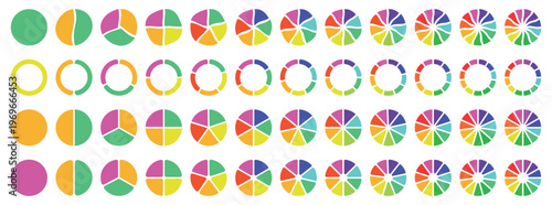 Pie chart set. Colorful diagram collection with sections or steps. 1,2,3,4,56,7,8,9,10,11,12 segment infographic. Circle pie chart diagram. Infographic element round shape. Vector illustration.
