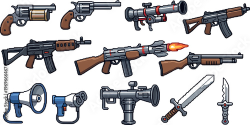 Flat Vector Collection of Guns, Rifles, Pistols, Swords, and Tactical Gear with Explosives and Megaphones for Game and Military Design Projects