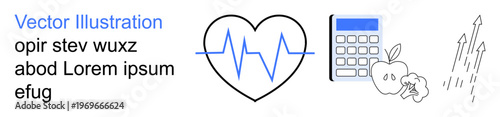 Health tracking, fitness, wellness analysis, progress measurement, lifestyle changes, growth monitoring. Heartbeat line, calculator apple and upward arrows. Health tracking and wellness analysis