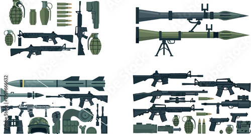 Flat Vector Collection of Military Weapons, Grenades, Ammunition, Rocket Launchers, Guns, and Combat Gear for Tactical and Military Design Projects