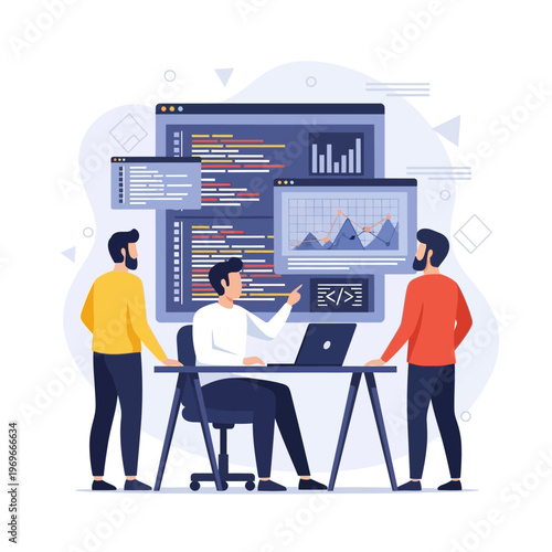 Team of developers working on code and data analysis on computers, programming, teamwork