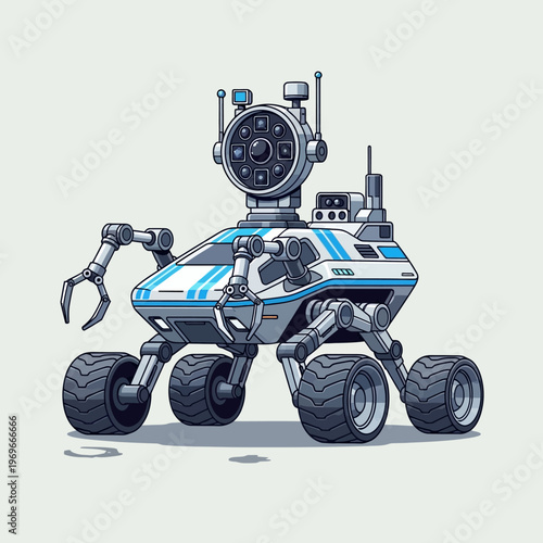 Futuristic exploration rover with robotic arm and camera on wheels