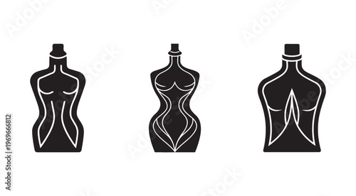 Set of female mannequin torso silhouettes with white outlines on plain white background for fashion design and illustration  various body types