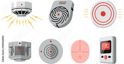 Flat Vector Collection of Security and Alarm Devices, Including Smoke Detectors, Sensors, and Warning Signals with Red Indicators for Safety Designs