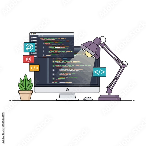 Computer screen with code, desk lamp, plant, and mouse. Programming and development concept.