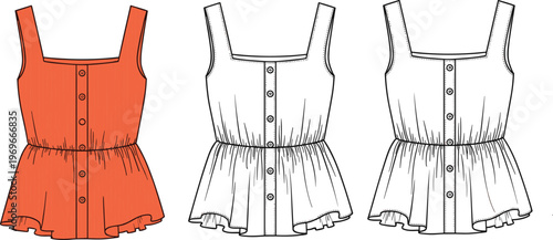 A technical fashion illustration showing a sleeveless peplum top with buttons in orange and white line art, perfect for garment industry design and tailoring.
