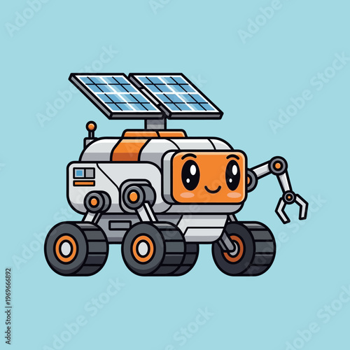 Cute Solar Powered Robot Rover with Robotic Arm and Solar Panels, Cartoon Style