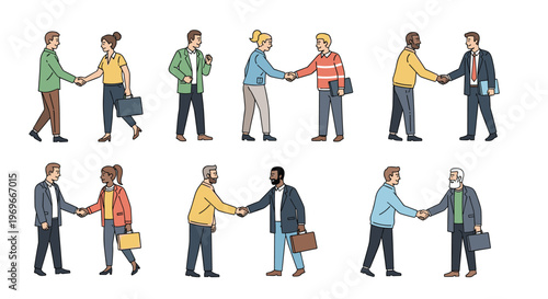 Diverse collection of professional men and women shaking hands to symbolize successful business agreements and partnerships.