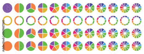 Pie chart set. Colorful diagram collection with 1,2,3,4,5,6,7,8,9,10,11,12 sections or steps. Circle icons for infographic, UI, web design, business presentation. Vector illustration.