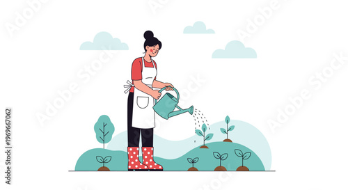 Woman wearing an apron and polka dot boots watering small plants in a garden using a light blue watering can outdoors.