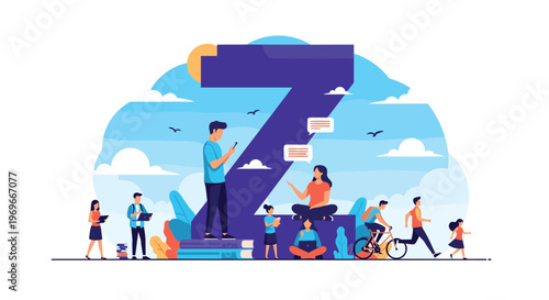 Many diverse people engaging in various activities around a massive letter z representing generation z or zero waste.