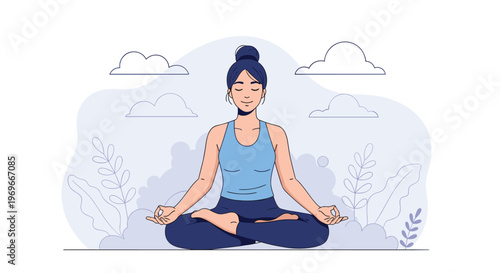Peaceful young woman practicing yoga and meditating in a lotus position with a calm expression against a soft blue background.