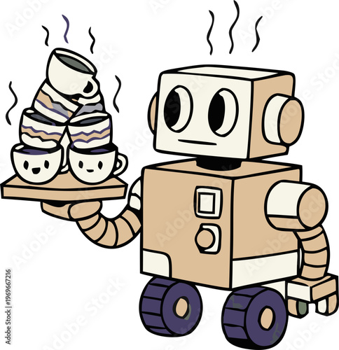 Cute Robot Serving Dessert Illustration