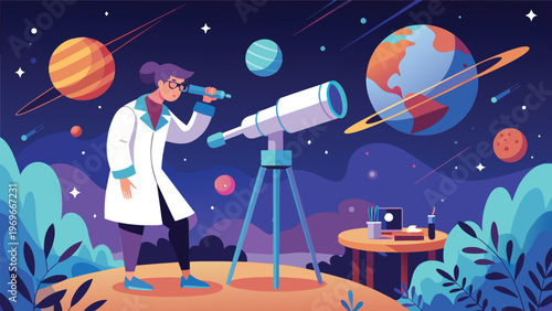 Astronomer observes stars and planets with telescope during night in a colorful sky