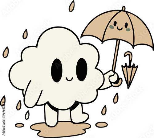 Cute Rain Cloud Character with Umbrella Illustration