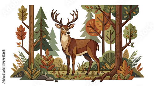 Deer with large antlers standing still.