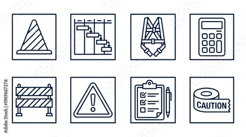 Construction safety icons set engineering building project hazard warning symbols collection