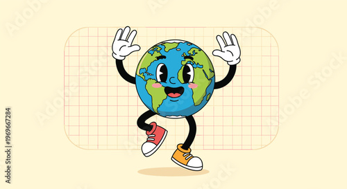 Cute and happy animated earth globe character with a face jumping and dancing in a retro cartoon style for environmental awareness.