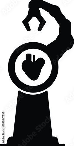 Modern medical robotic arm icon representing future of healthcare with automated heart surgery and advanced artificial intelligence surgical systems.