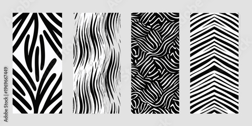 Four vertical panels displaying diverse black and white abstract stripe patterns
