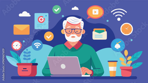 Senior man works on laptop at home surrounded by digital icons and symbols during daytime